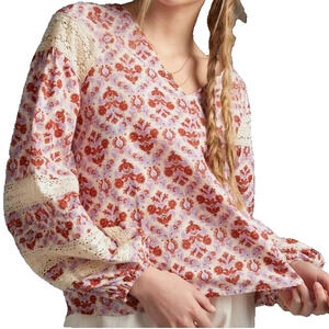 Anthropologie Boho Cottage Prairie Peasant Crochet Lace Trim Floral Blouse‎ XS
